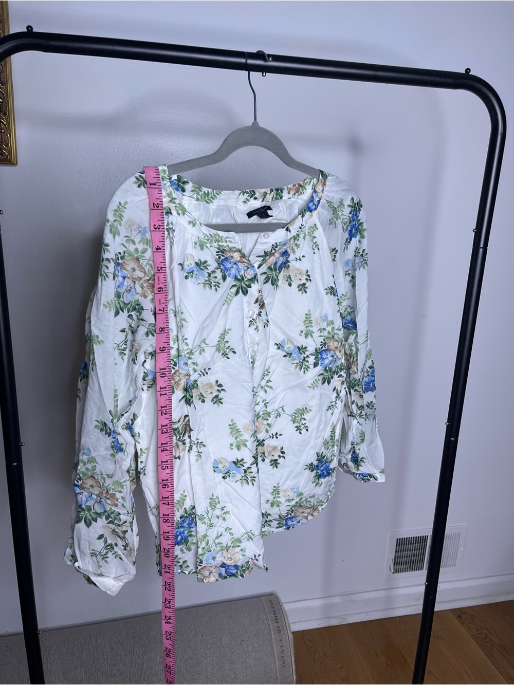 Ann Taylor White Blouse with Blue & Green Floral Print